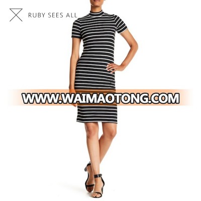 simple black and white long strip dress women