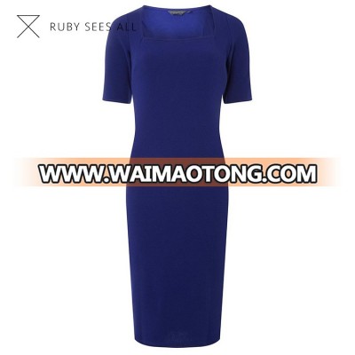 short sleeve navy blue long dress square collar cotton office dresses