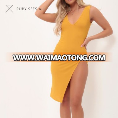 v neck cut out yellow dress sleeveless cotton long sexy dresses